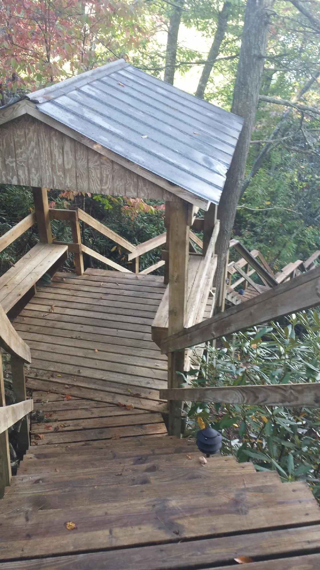 Metal roofed shelter over wooden steps on a wooded walkway in Gilman